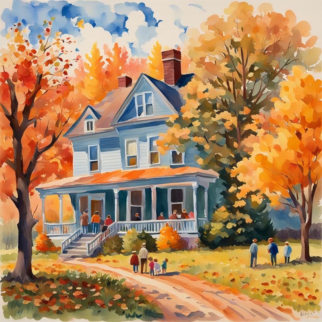 Autumn Family Gathering in Gouache Style