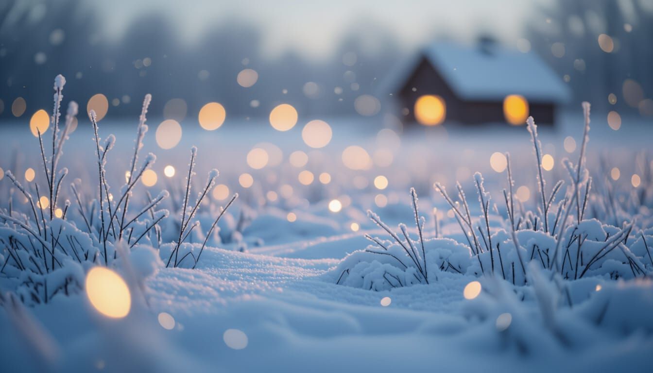 Peaceful Winter Farm Scene with Soft Bokeh and Warm Lights