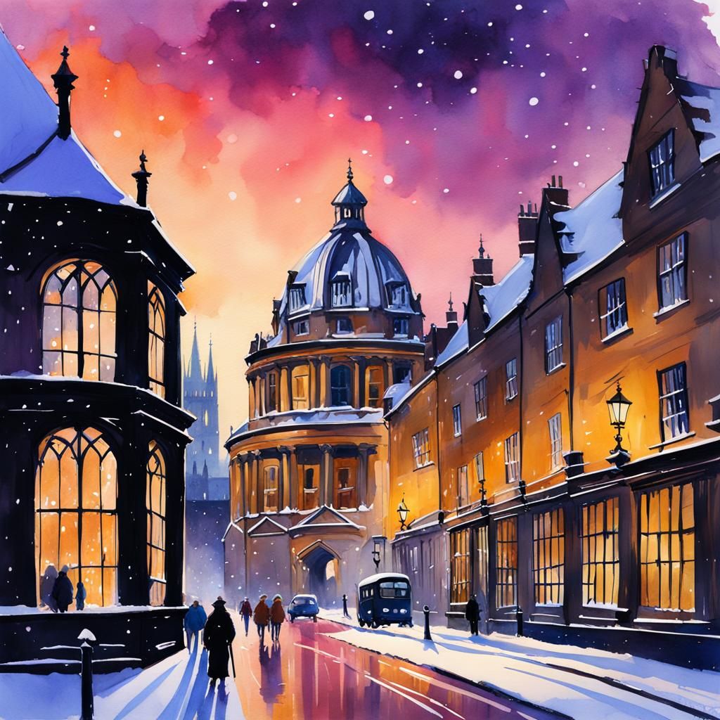 Oxford University in Winter Snow, Watercolor Painting