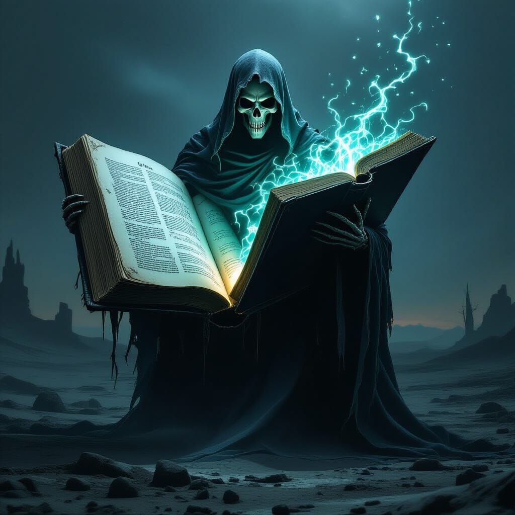 Colossal Grim Reaper With Glowing Cryptic Book
