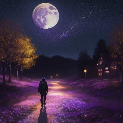 Impressionistic Night Scene with Figure Walking Home