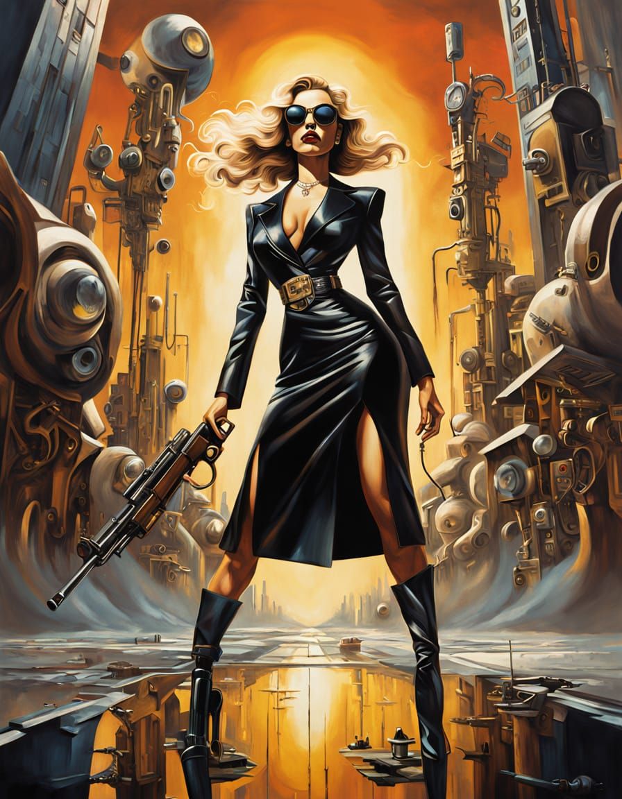 surreal art giger and chris foss inspired. street scene with a front view of a evil 3d 1930s angry mafia gorgeous female...