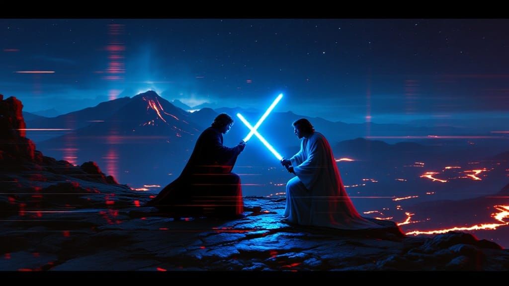 Lightsaber Duel on Mustafar in Neon Digital Glitch Art