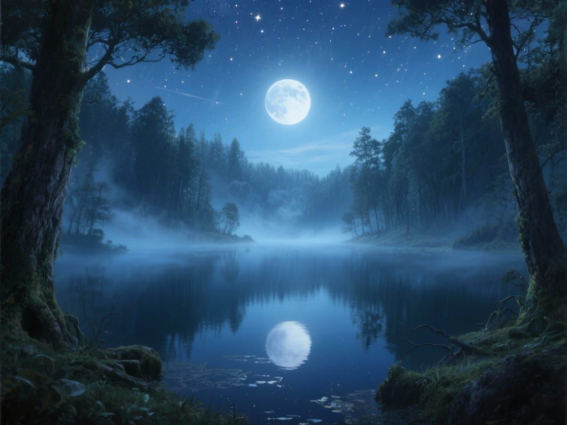 Mystical Moonlit Lake in Ancient Forest Fantasy Art