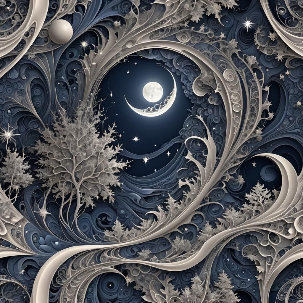 Moonlit Cottage Scene with Abstract Fractal Elements