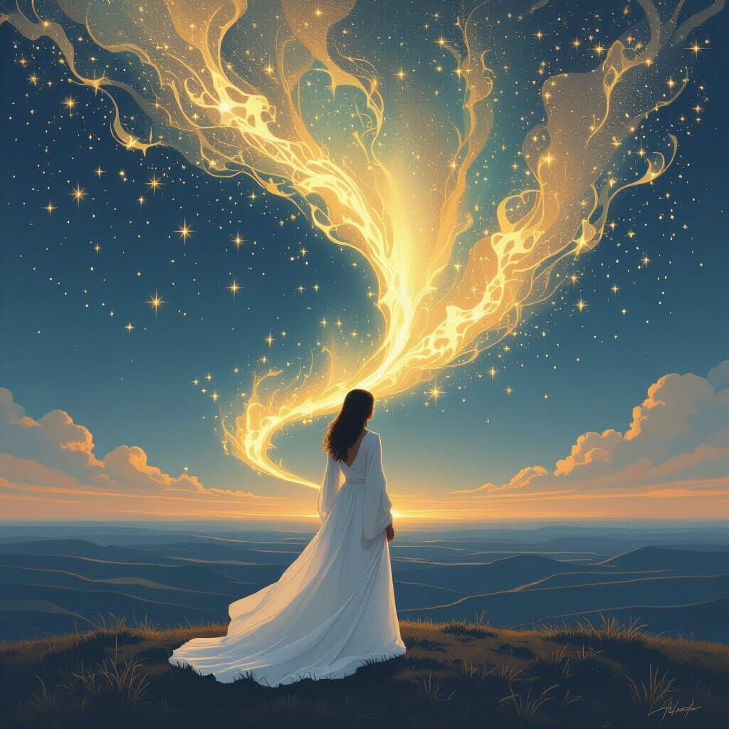 Woman at Horizon Under Aurora's Golden Light