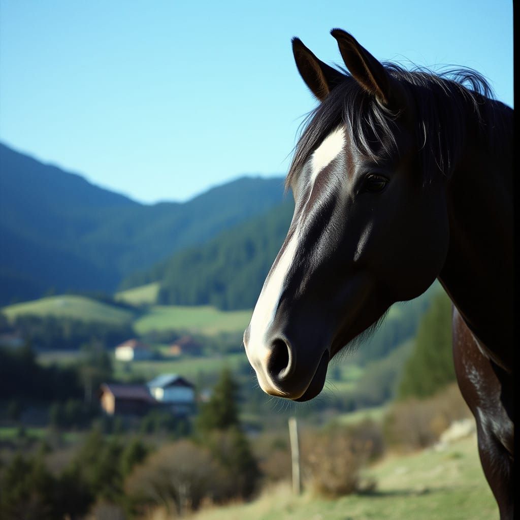 Majestic Black Stallion Reigns in Serene Valley Landscape
