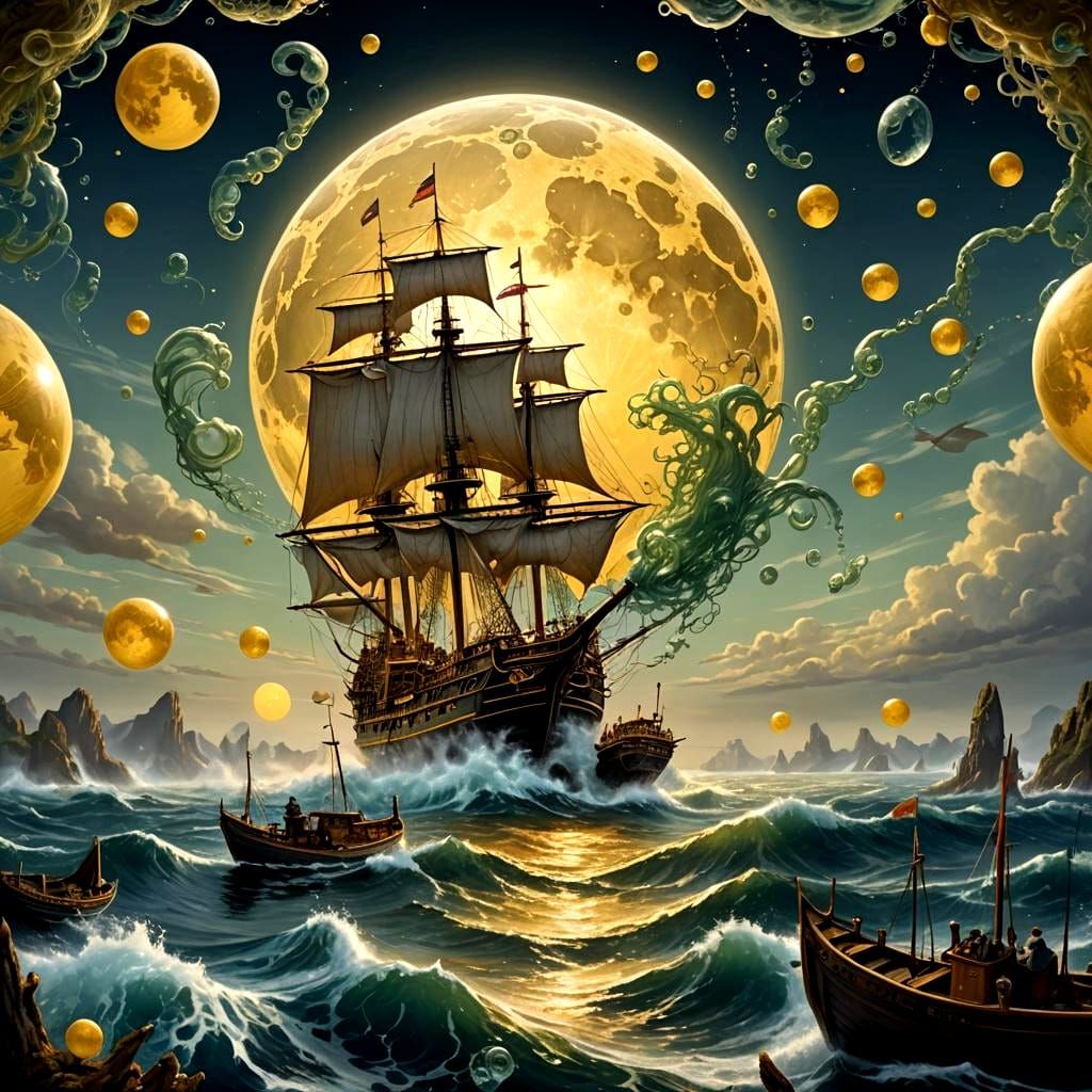 Serene Deep Sea: Moonlit Bubble Ship