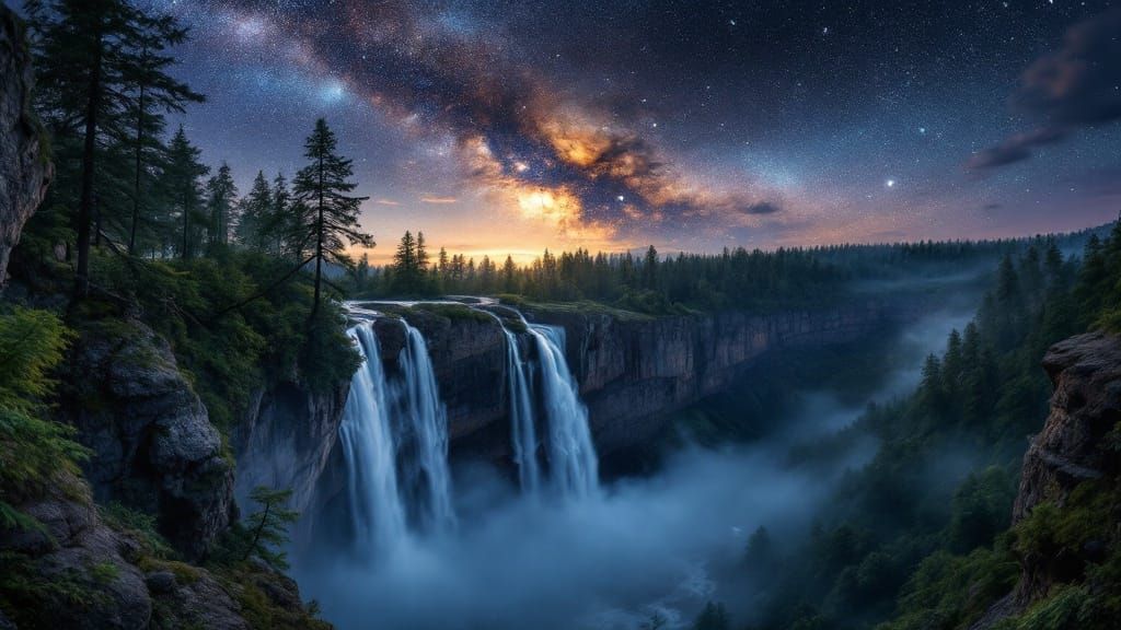 Stunning Nighttime Landscape with Waterfall and Stars