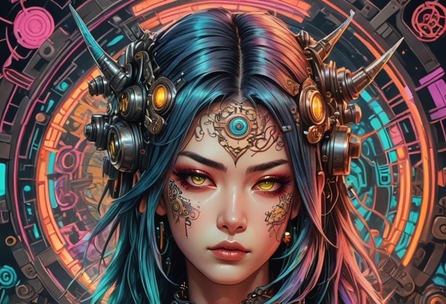 Cybernetic Samurai: A Neon Art Nouveau Portrait