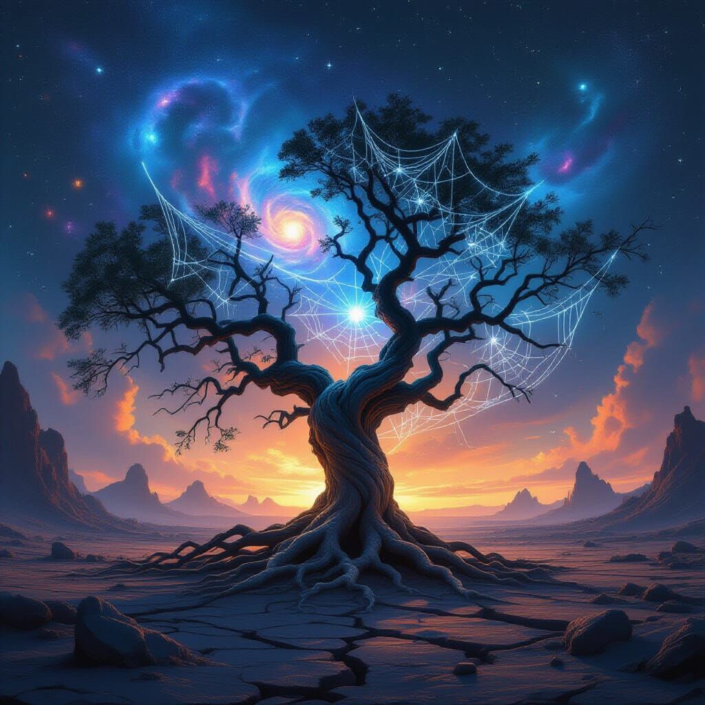 Ancient Cosmic Tree with Glowing Webs in Wasteland
