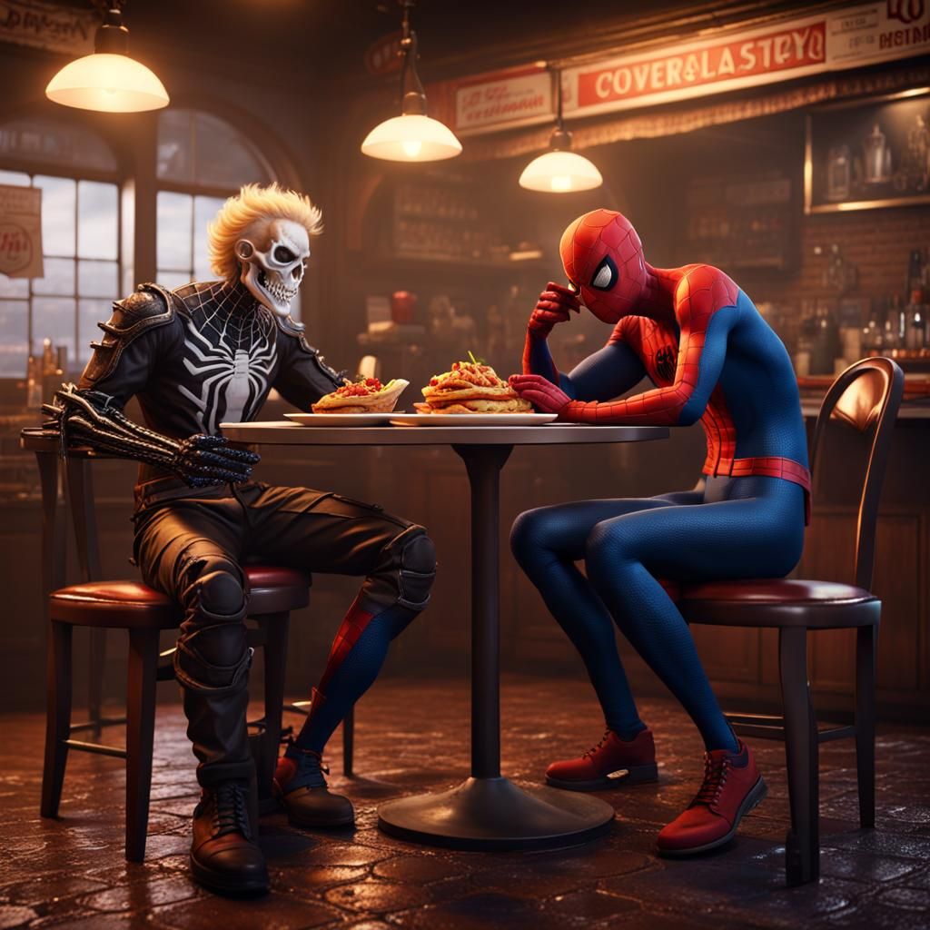 Ghost Rider and Spiderman at the Pizzeria