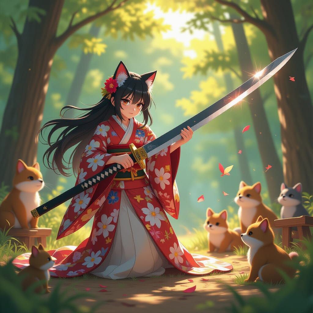 Cat Girl Warrior Slices Dummies in Sunlit Forest