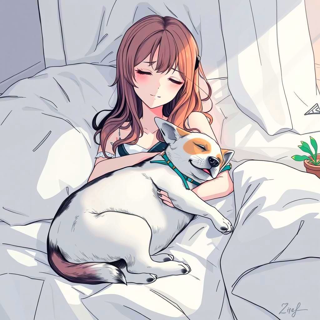Anime Girl Napping with Dog in Bedroom