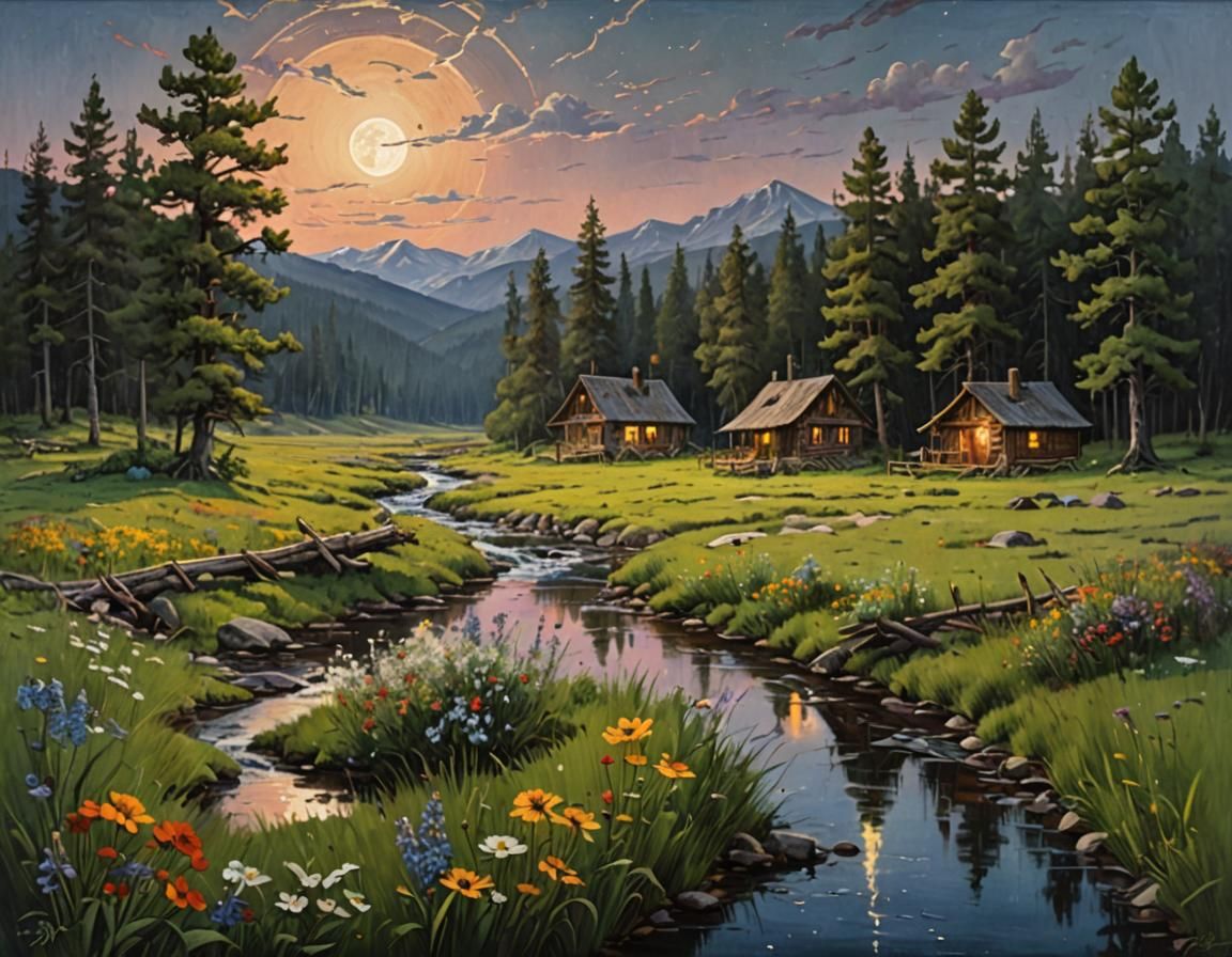 Wilderness Meadow With Stream, Cabins, and Full Moon as Oil ...