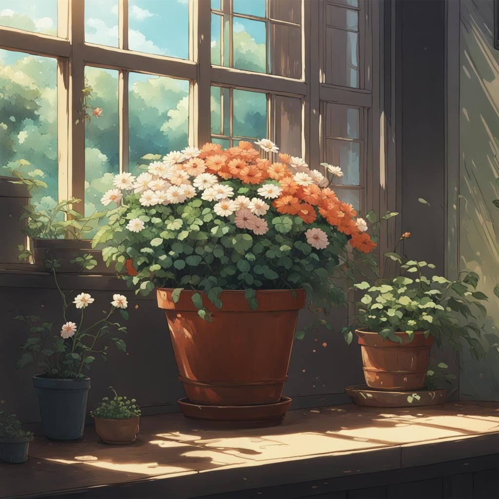Flowers by Window in Studio Ghibli Anime Style