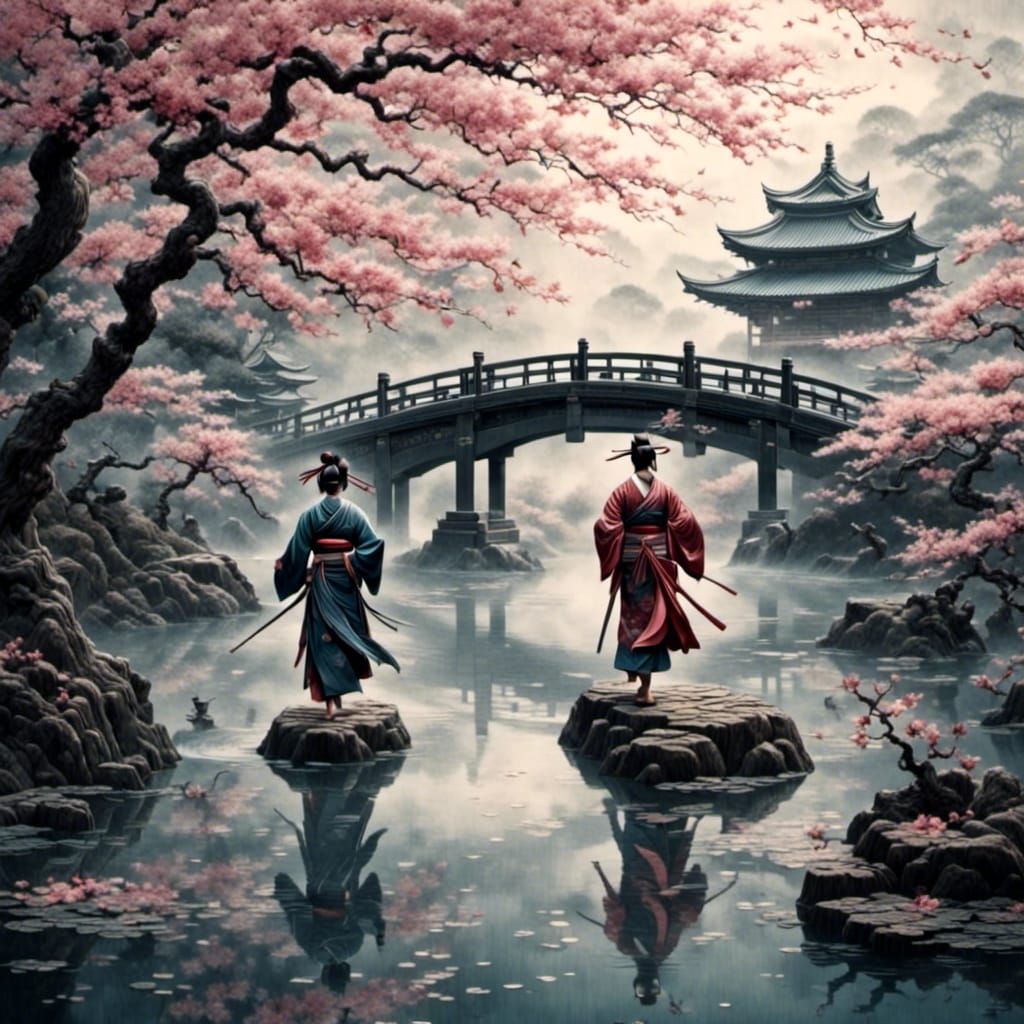 Samurai Duel on Misty Bridge with Kimonos