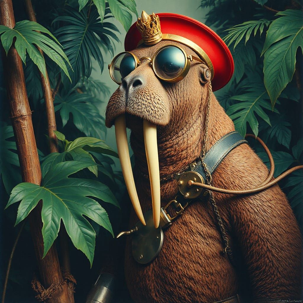 Mighty anthropomorphic steampunk walrus warrior, Jungle, Lithography, Triadic colors, David Hockney, Ray Caesar