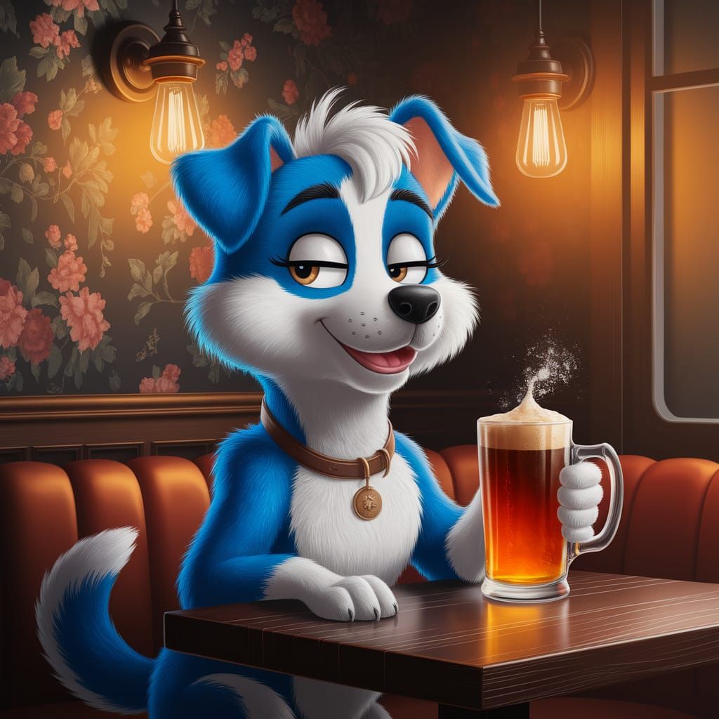 A Blue Dog Enjoys a Cozy Ale in a Whimsical Pub Setting