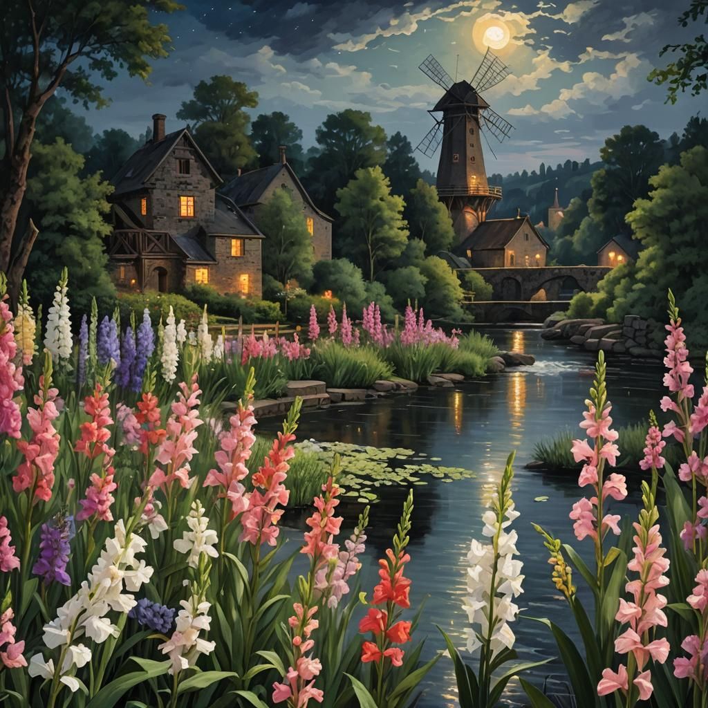 Moonlit Windmill and Gladioli Collage in 3D