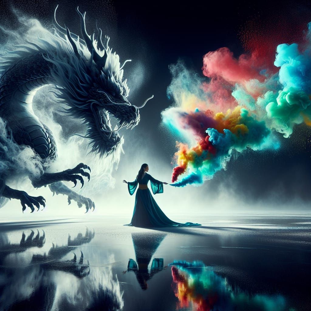 Dragon Dissolving into Aerogel Filaments with Sorceress