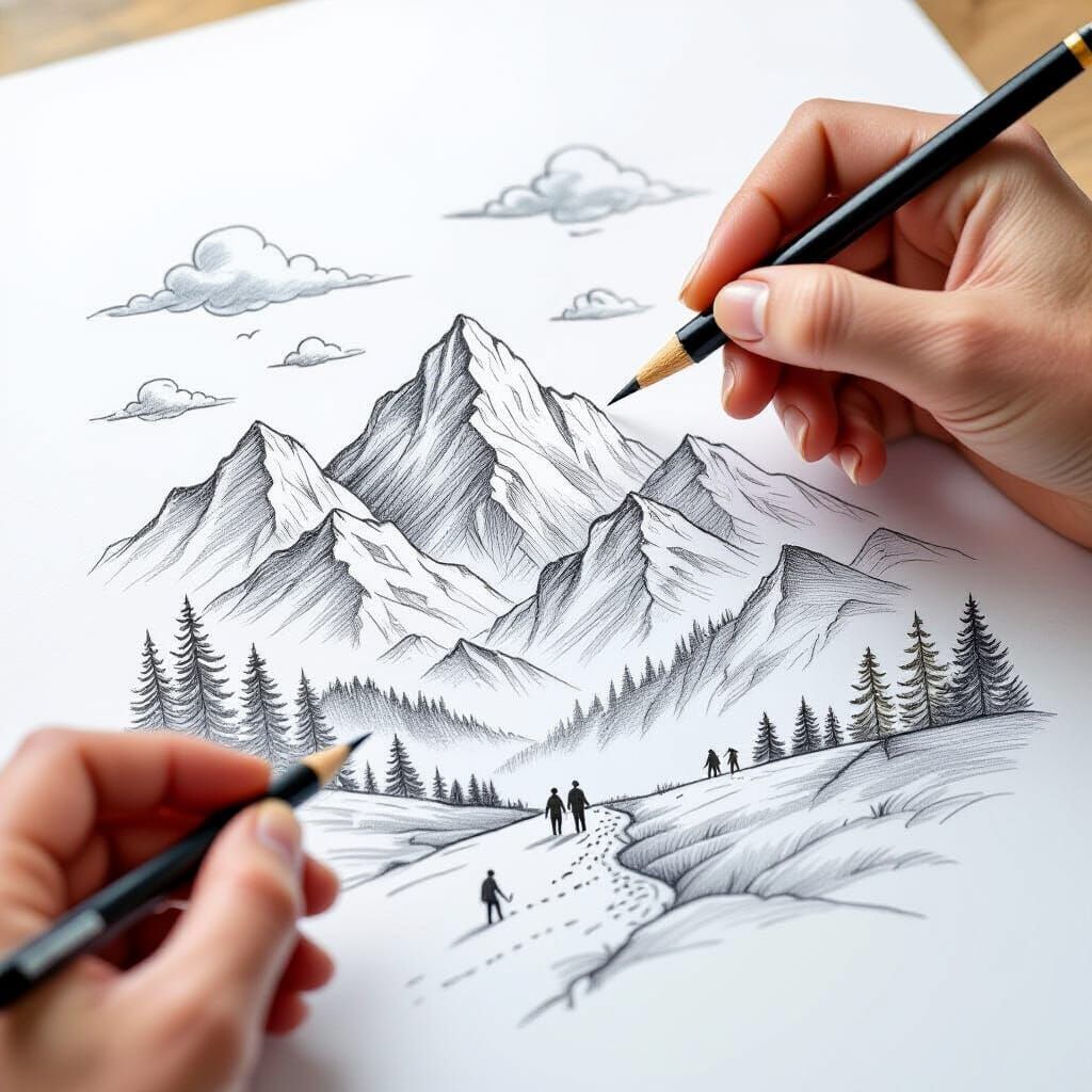 Hand Sketching Scene Comes Alive with Mountains and Figures