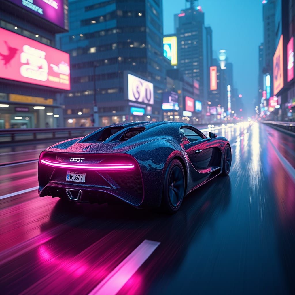 Cyberpunk Bugatti Speeds Down Futuristic Highway