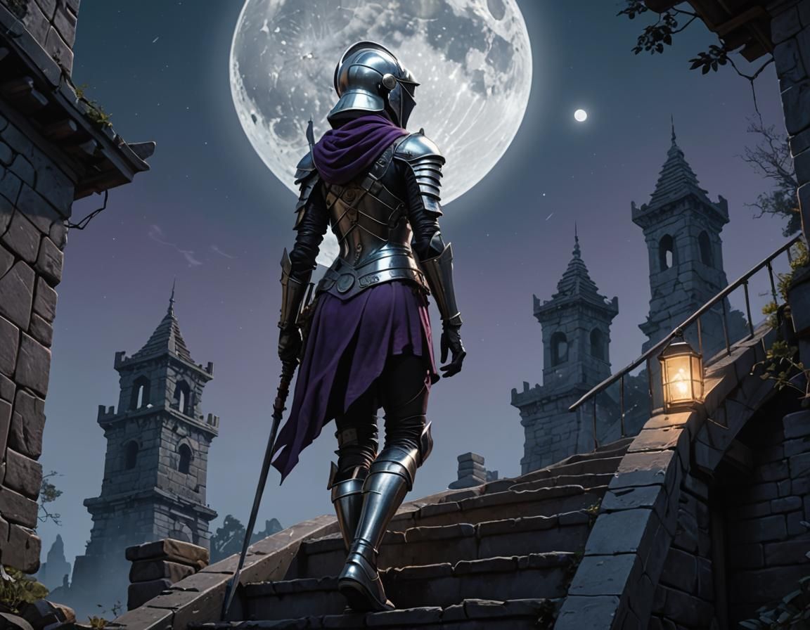 Drow Ascends Moonlit Staircase in Digital Art