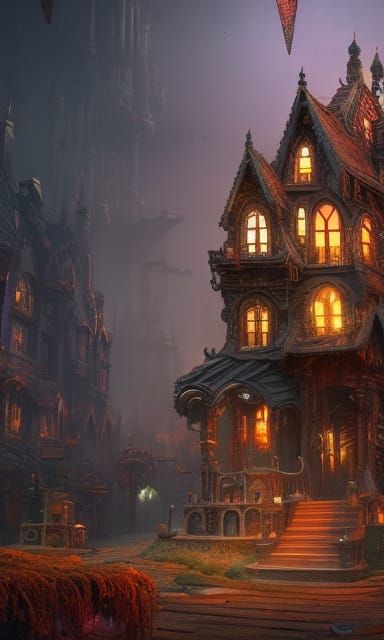 Clockwork Gingerbread Mansion in Junk Yard, Art Deco Style