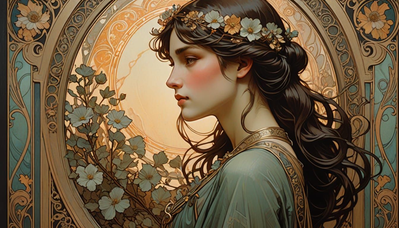 Ethereal Woman Before Ornate Mirror