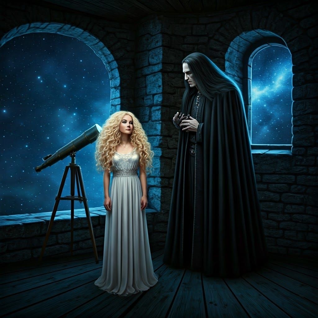 Mysterious Figure Gazing at Celestial Beauty in Dark Tower