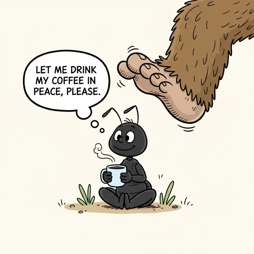 Ant's Coffee Interrupted by Bigfoot in Comic Style