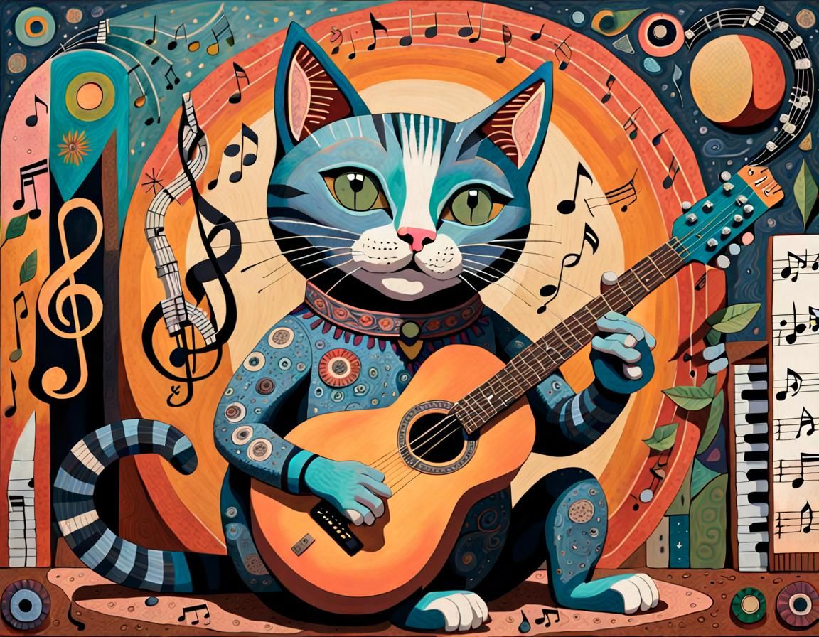 Whimsical Cat Guitarist in Folk Art Style