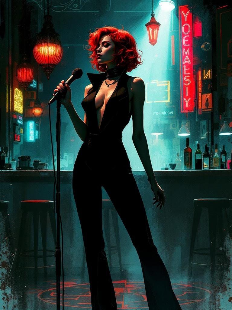 Red-Haired Singer in Cyberpunk Speakeasy, Mixed Media Style