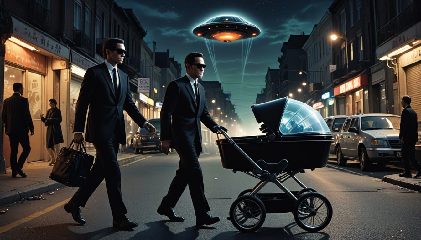 Men in Black Agent with Alien Baby in UFO Light