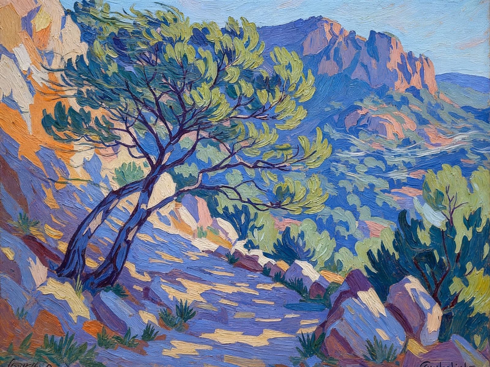 Impressionistic Provence Tree Landscape in Silvergreen and O...