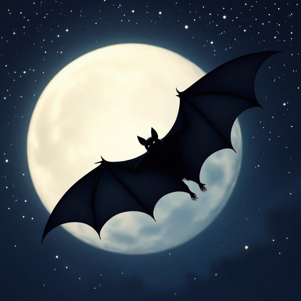 Black Bat Silhouette Against Luminous Moon and Starry Sky