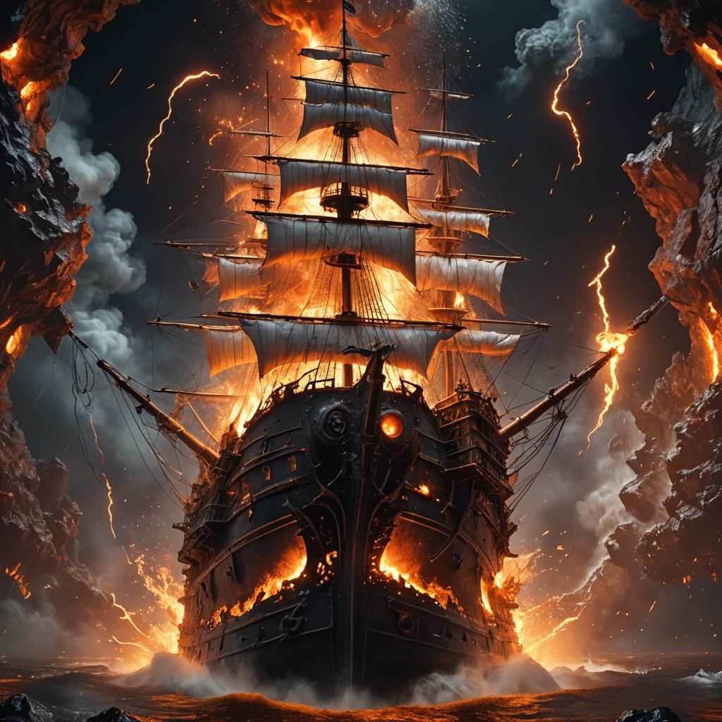 Fiery Molten Metal Pirate Ship 3D Rendering