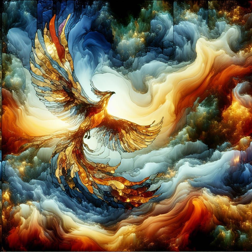 Golden Phoenix in a Vibrant Stained Glass World