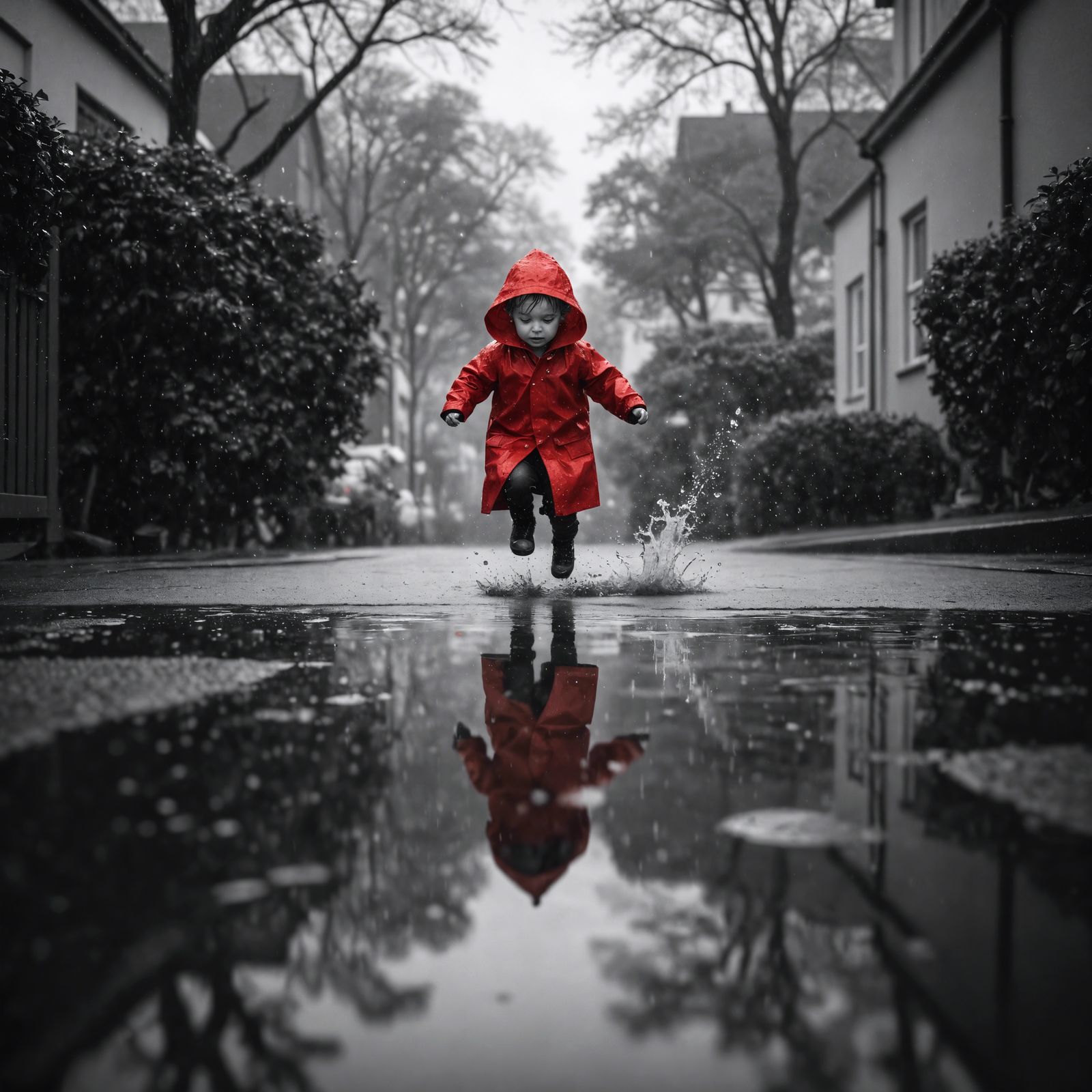 Toddler in Red Raincoat Jumps in Rainy Puddle