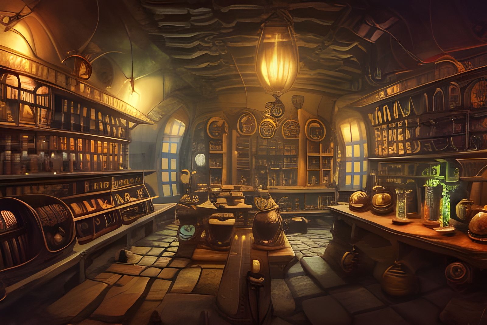 Steampunk Alchemist Shop Interior in Rococo Style