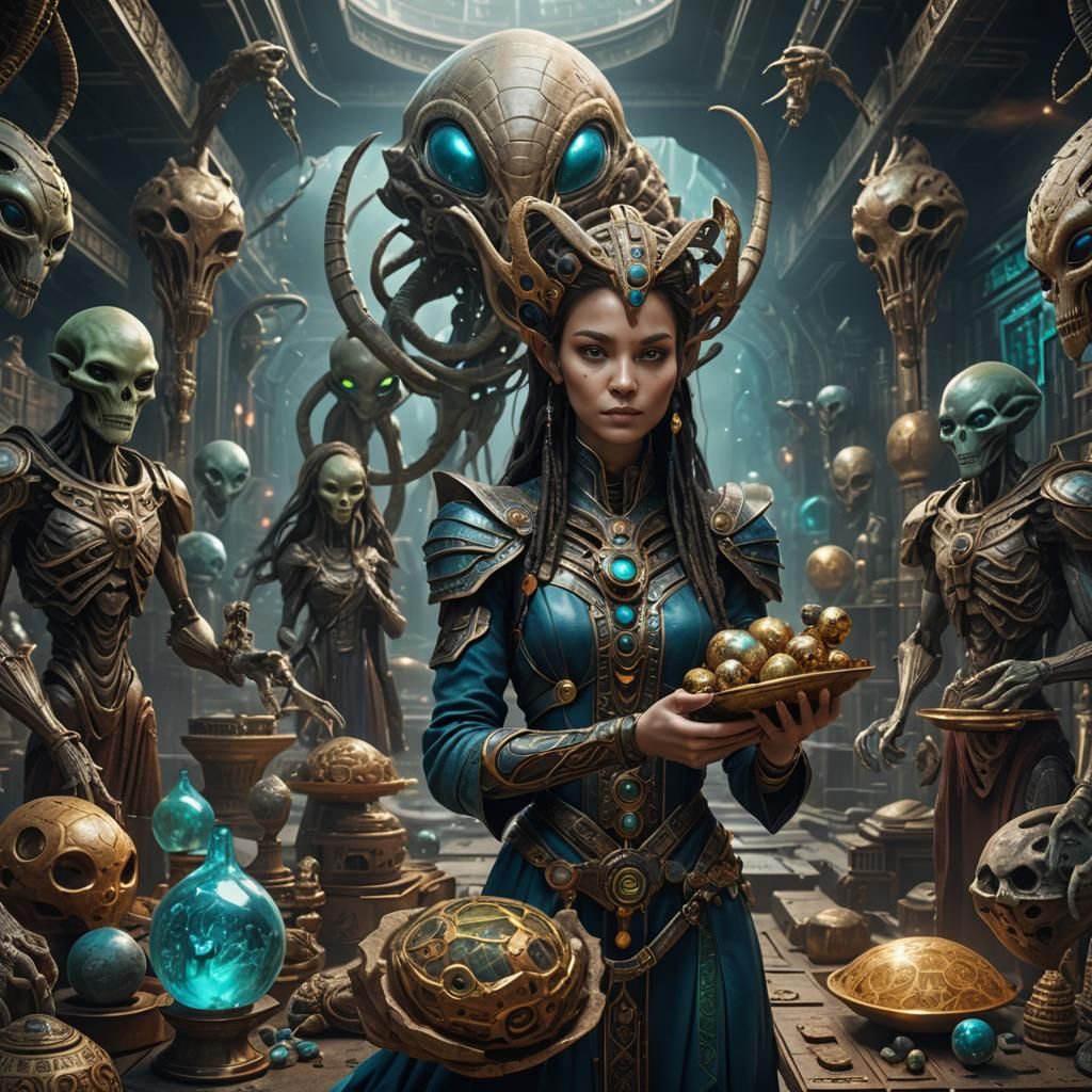 Mysterious Alien Woman with Artifacts: Detailed Matte Painti...