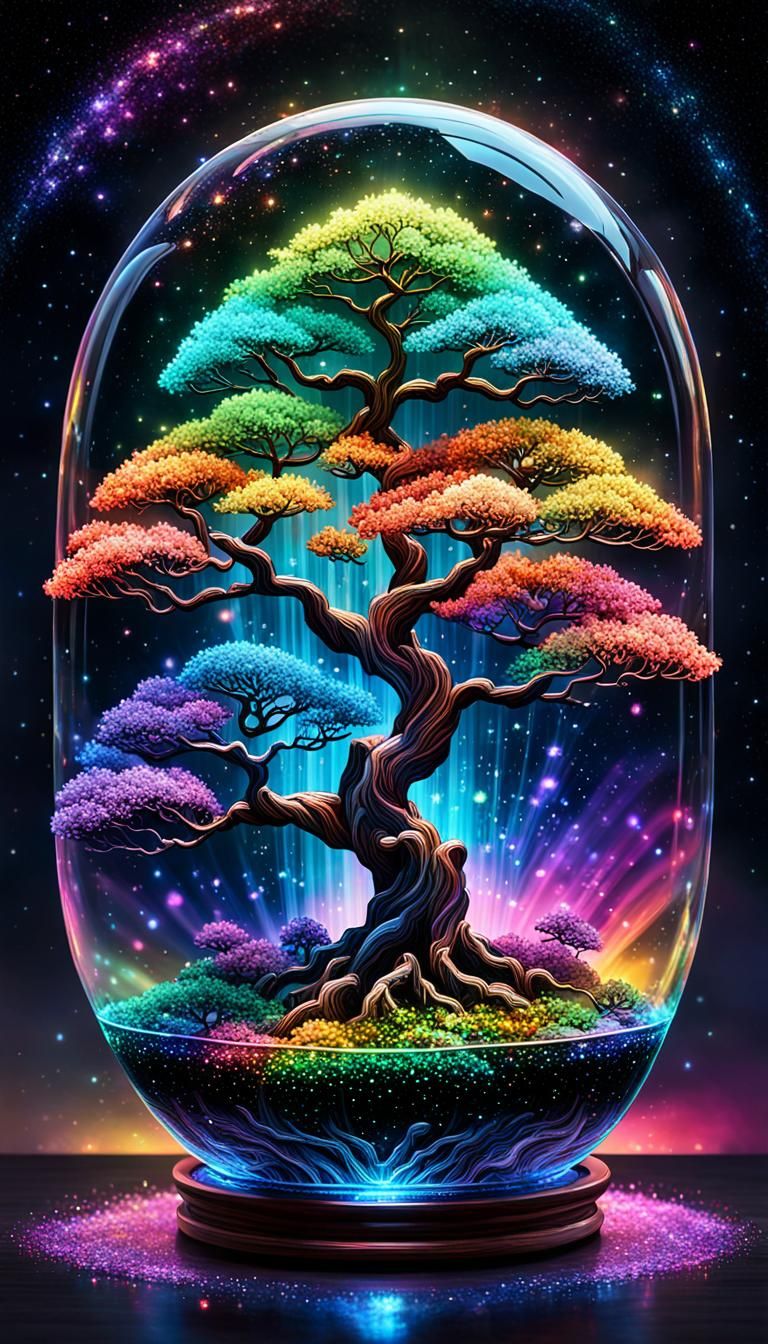Crystal rainbow Neon bonsai tree in glass bubble