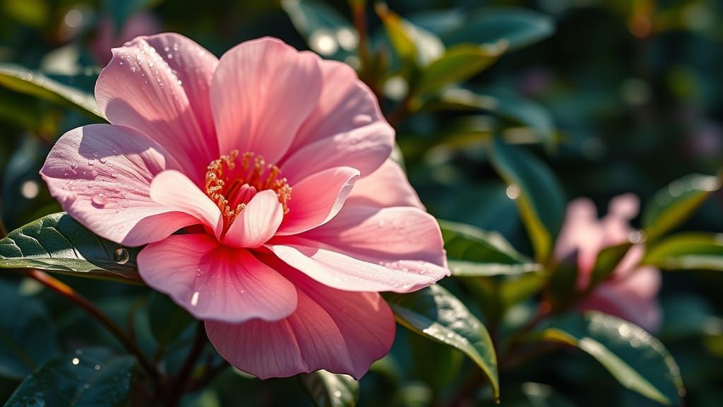 Lush Camellia Blooms with Diamond-Like Shimmer in Soft Pink