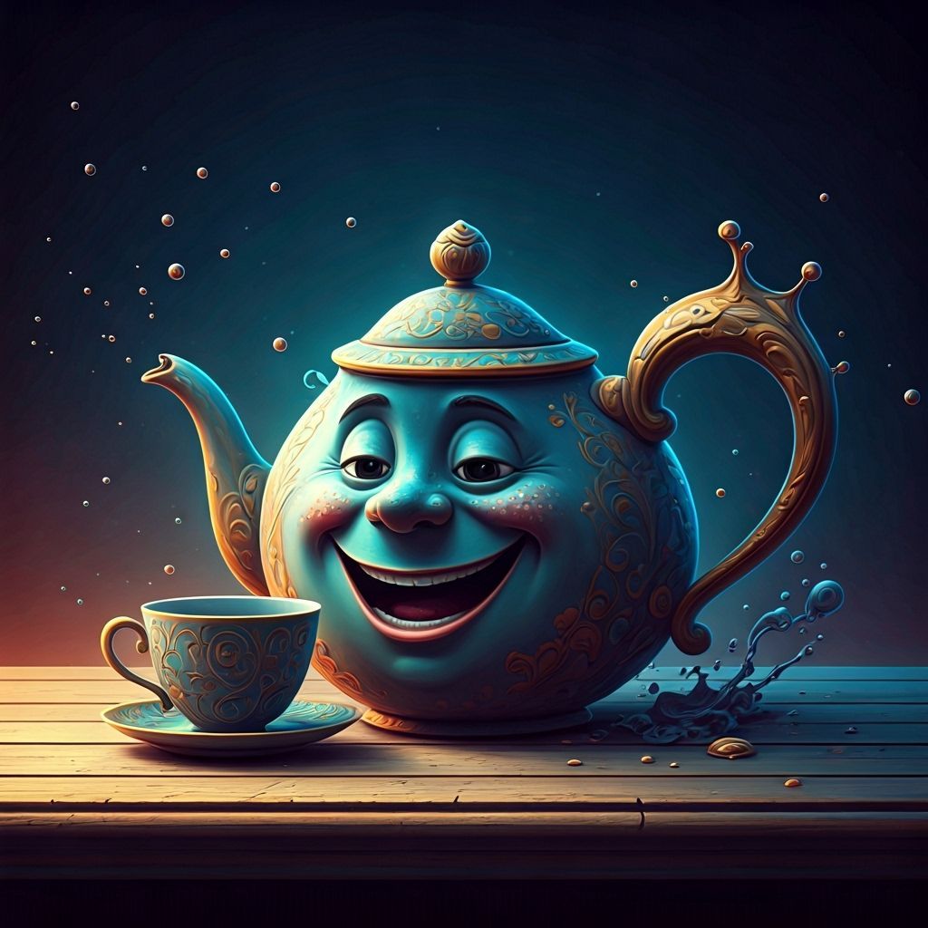 Smiling Teapot and Cup in Hyperrealistic Splash Art Style
