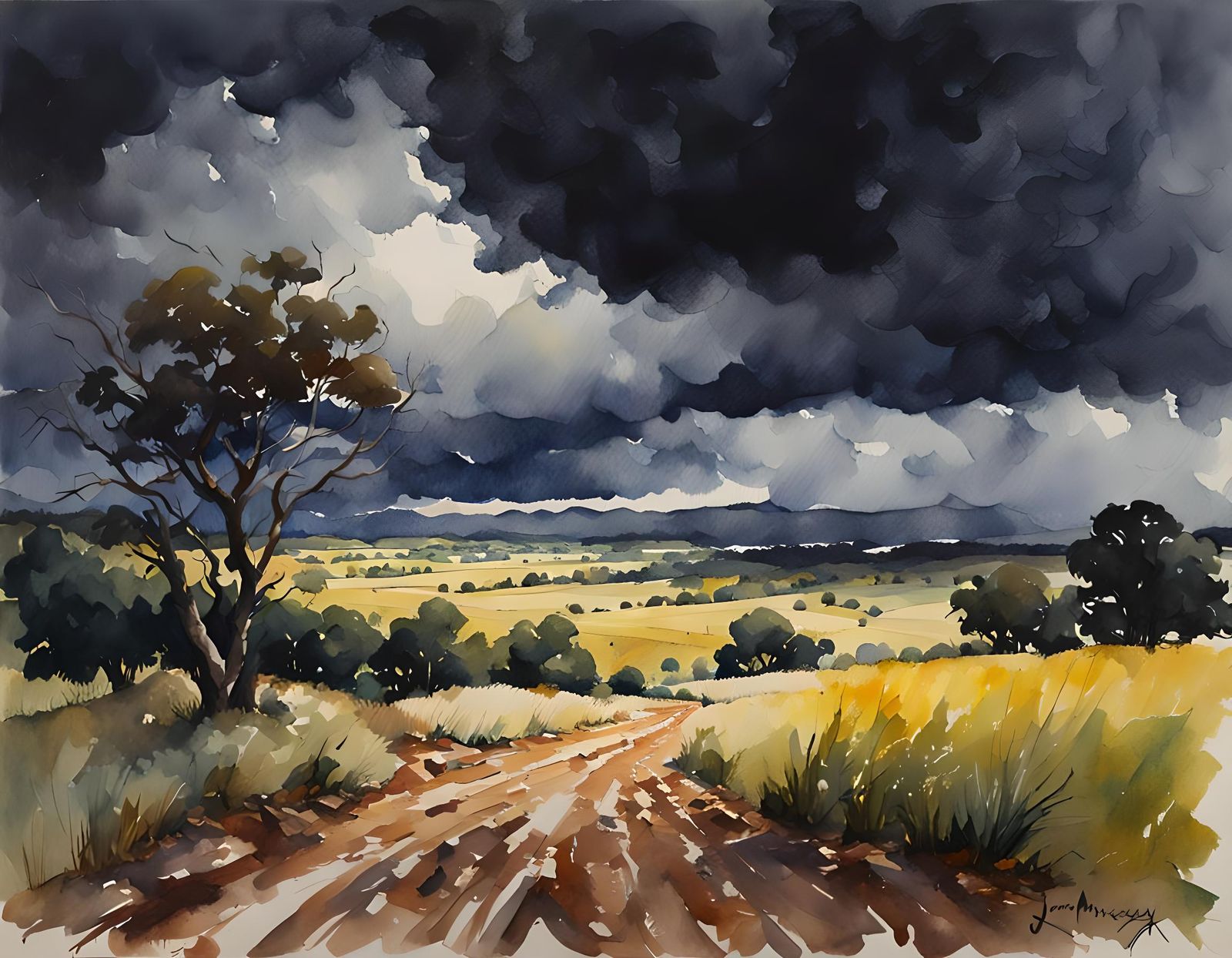 Dramatic Landscape with Stormy Sky, in Watercolor
