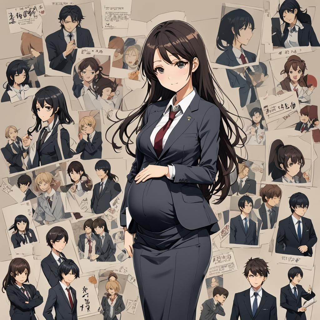 Pregnant Anime Character in Suit: Manga Style