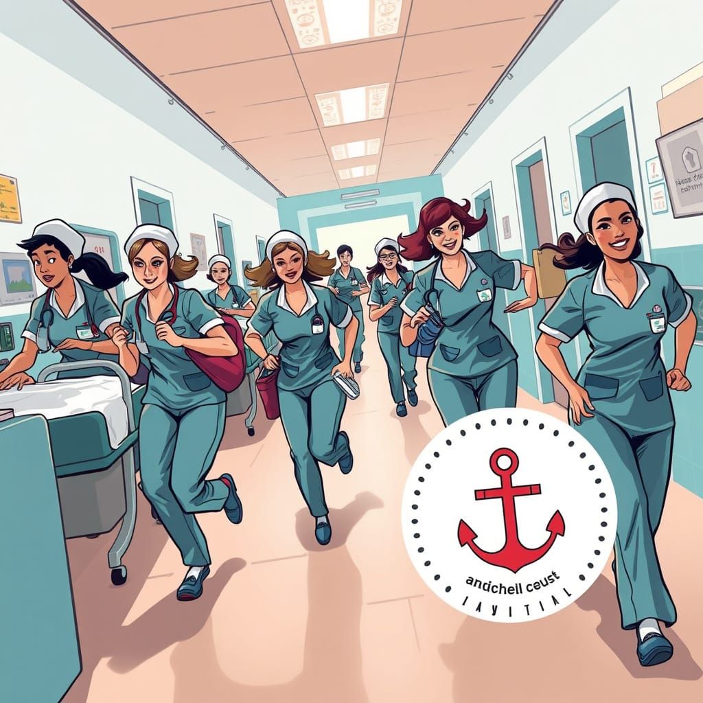 Nurses Aid Patients in Busy Hospital with Anchor Emblem