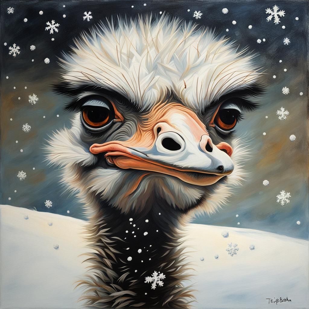 Ostrich Portrait in Snow, Photorealistic Digital Art