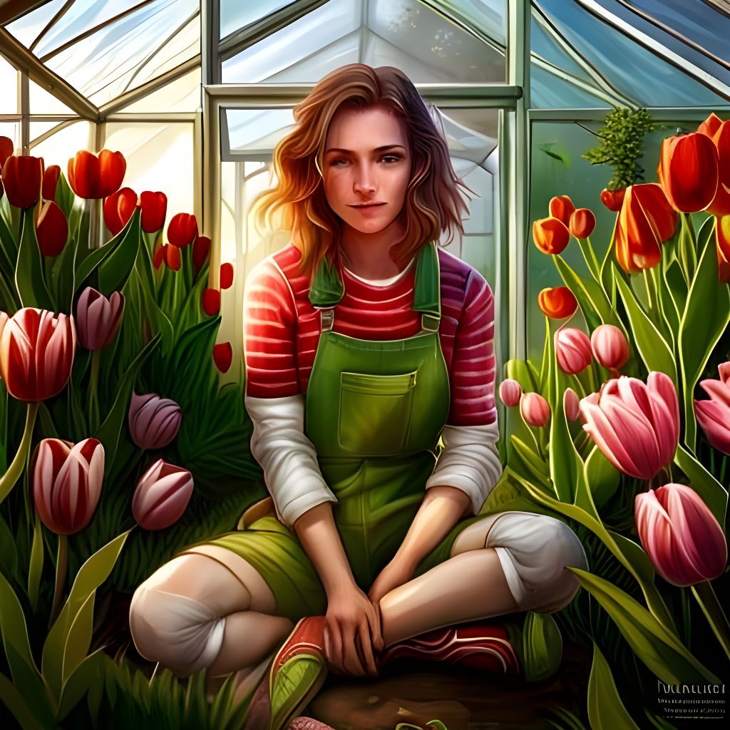 Girl with Tulips: Digital Art by Rutkowski, Artgerm, WLOP